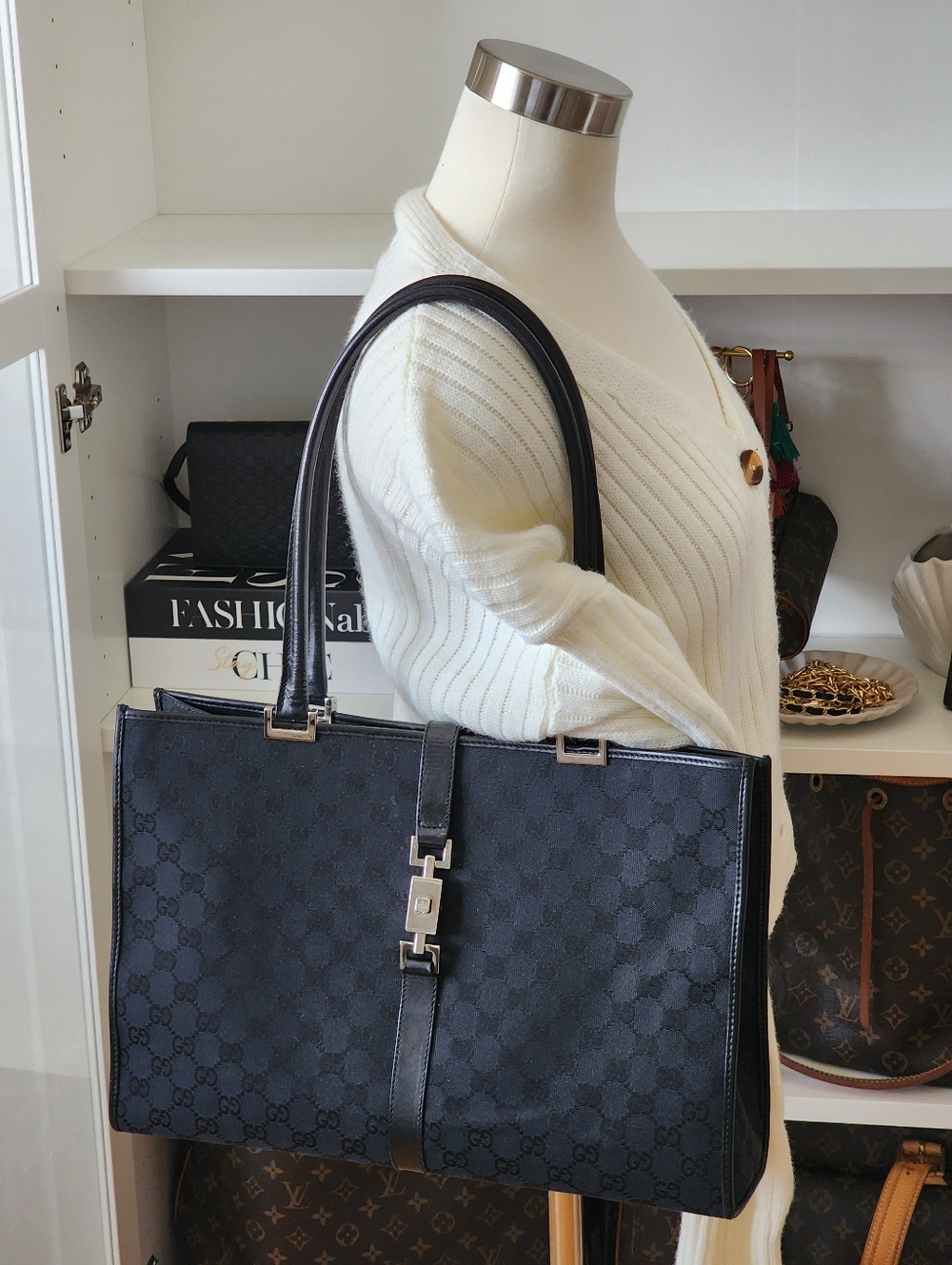 Vintage Gucci Monogram Jackie Bardot Large Black Tote Archival Tom Ford Y2K Era - Picture 10 of 11